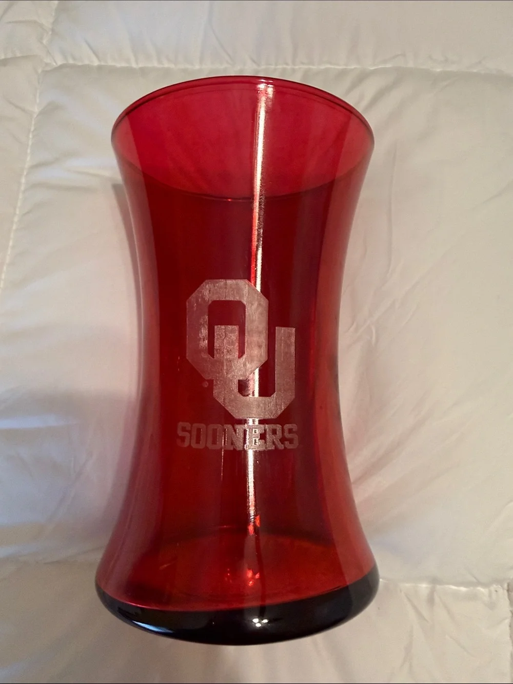 Red Glass Decorative Vase with OU Sooners Etching